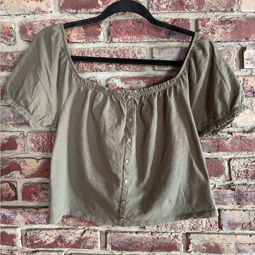 American Eagle Olive Green Milkmaid Top Puff Sleeve Cottagecore Blouse XS